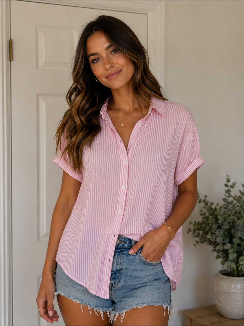 beachlunchlounge Pink Striped Short-Sleeve Button-Down Shirt